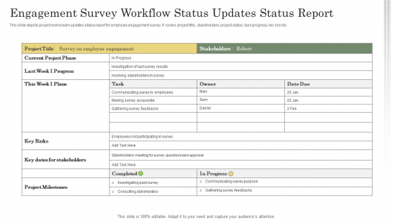 Engagement Survey Workflow Status Updates Status Report Ppt Model Example PDF