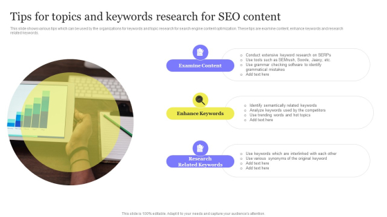 Enhancing Digital Visibility Using SEO Content Strategy Tips For Topics And Keywords Research SEO Content Background PDF