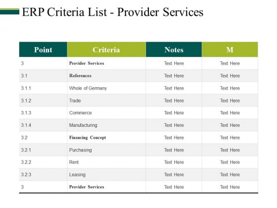 Erp Criteria List Provider Services Ppt PowerPoint Presentation Portfolio Inspiration