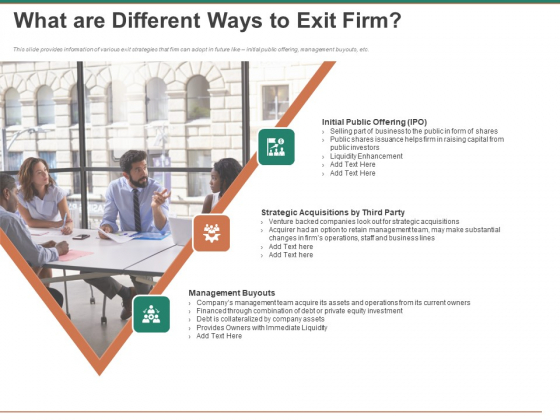Escape Plan Venture Capitalist What Are Different Ways To Exit Firm Ppt Layouts Templates PDF