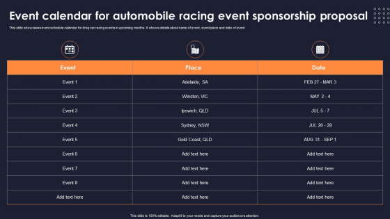Event Calendar For Automobile Racing Event Sponsorship Proposal Portrait PDF