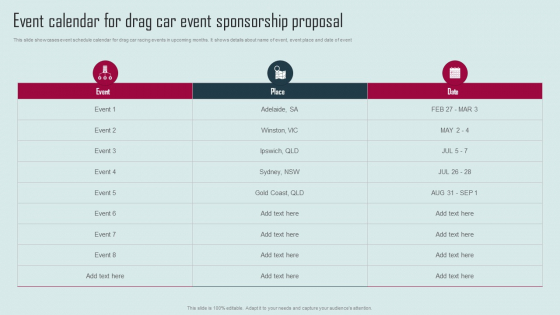 Event Calendar For Drag Car Event Sponsorship Proposal Demonstration PDF