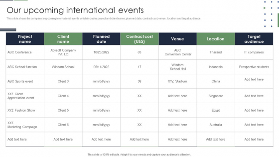 Event Planner Company Profile Our Upcoming International Events Topics PDF