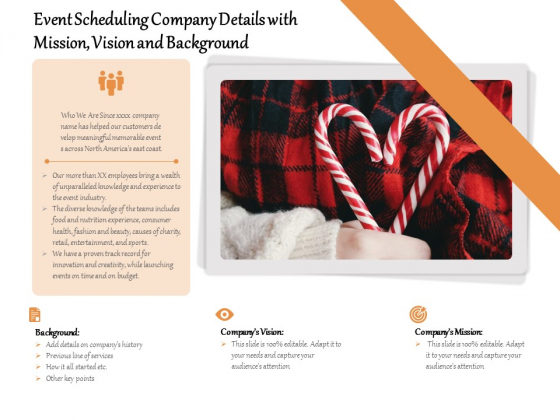 Event Scheduling Company Details With Mission Vision And Background Ppt PowerPoint Presentation File Professional PDF Event Scheduling Company Details With Mission Vision And Background Ppt PowerPoint Presentation File Professional PDF