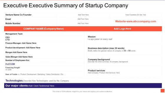 Executive Executive Summary Of Startup Company Template PDF
