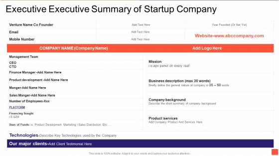 Executive Executive Summary Of Startup Company Template PDF Executive Executive Summary Of Startup Company Template PDF