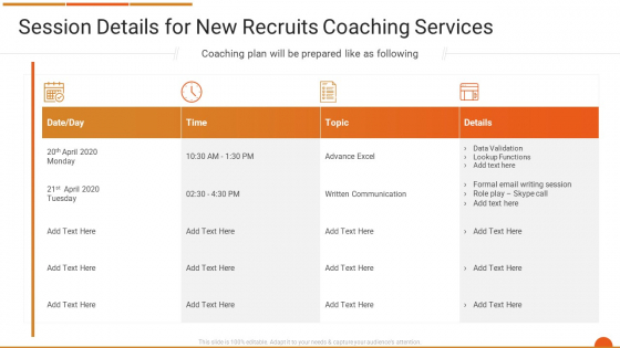 Executive Job Training Session Details For New Recruits Coaching Services Template PDF Executive Job Training Session Details For New Recruits Coaching Services Template PDF