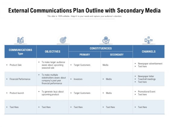 External Communications Plan Outline With Secondary Media Ppt PowerPoint Presentation Gallery Picture PDF External Communications Plan Outline With Secondary Media Ppt PowerPoint Presentation Gallery Picture PDF