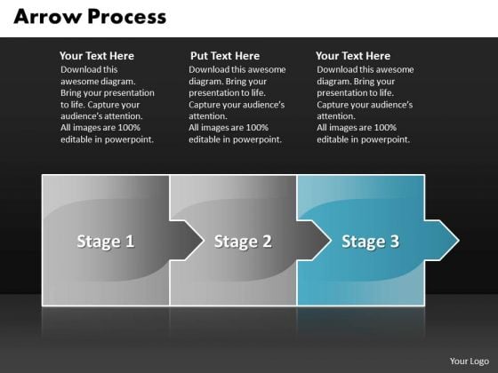 editable ppt template arrow process 3 stages project management