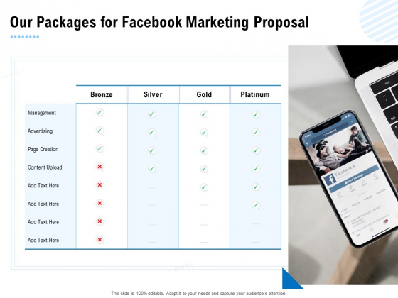 Facebook Ad Management Our Packages For Facebook Marketing Proposal Ppt Slides Themes PDF
