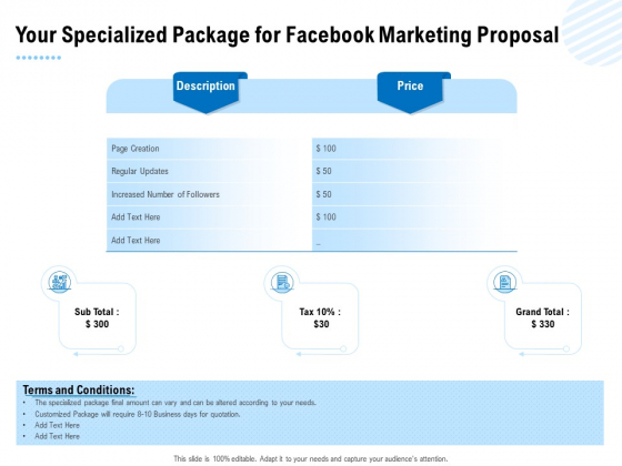 Facebook Ad Management Your Specialized Package For Facebook Marketing Proposal Ppt Outline Icon PDF