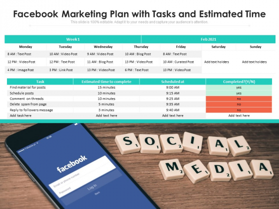 Facebook Marketing Plan With Tasks And Estimated Time Ppt PowerPoint Presentation Gallery Summary PDF