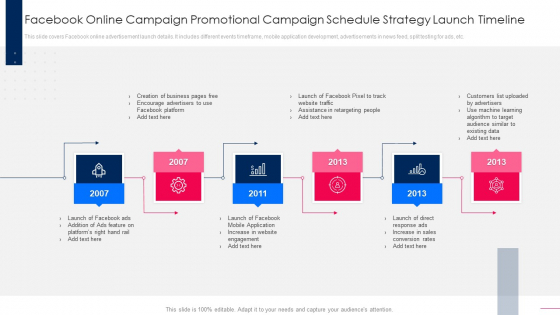 Facebook Online Campaign Promotional Campaign Schedule Strategy Launch Timeline Slides PDF Facebook Online Campaign Promotional Campaign Schedule Strategy Launch Timeline Slides PDF