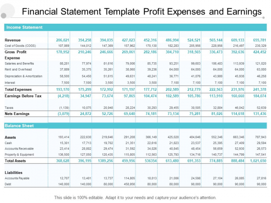Financial Statement Template Profit Expenses And Earnings Ppt PowerPoint Presentation Model Inspiration