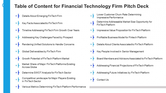 Financial Technology Firm Table Of Content For Financial Technology Firm Pitch Deck Demonstration PDF Financial Technology Firm Table Of Content For Financial Technology Firm Pitch Deck Demonstration PDF