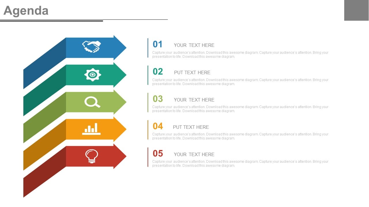 Five Arrows With Icons To Present Business Agenda Powerpoint Slides