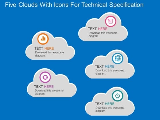 Five Clouds With Icons For Technical Specification Powerpoint Template Five Clouds With Icons For Technical Specification Powerpoint Template