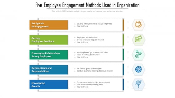 Five Employee Engagement Methods Used In Organization Ppt PowerPoint Presentation Gallery Shapes PDF Five Employee Engagement Methods Used In Organization Ppt PowerPoint Presentation Gallery Shapes PDF