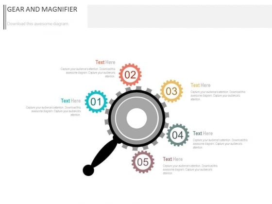 Five Gears Around Magnifier Powerpoint Slides Five Gears Around Magnifier Powerpoint Slides