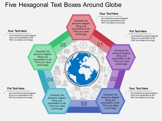 Five Hexagonal Text Boxes Around Globe Powerpoint Template