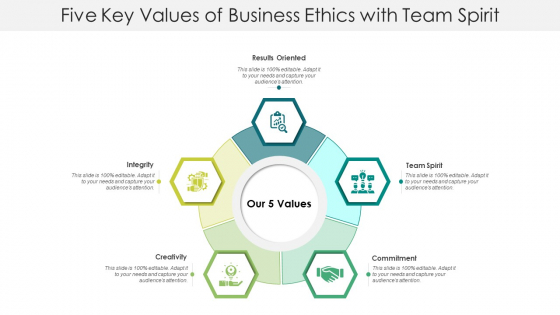 Five Key Values Of Business Ethics With Team Spirit Ppt PowerPoint Presentation File Tips PDF