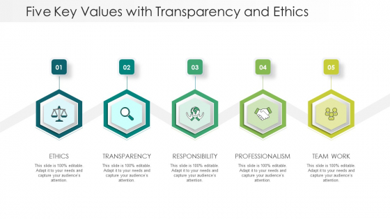 Five Key Values With Transparency And Ethics Ppt PowerPoint Presentation Gallery Design Ideas PDF Five Key Values With Transparency And Ethics Ppt PowerPoint Presentation Gallery Design Ideas PDF