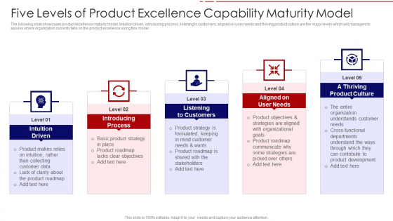 Five Levels Of Product Excellence Capability Maturity Model Ppt PowerPoint Presentation Icon Gallery PDF
