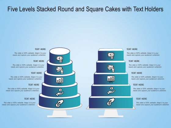 Five Levels Stacked Round And Square Cakes With Text Holders Ppt PowerPoint Presentation Infographics Templates PDF