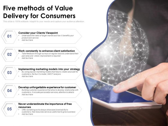 Five Methods Of Value Delivery For Consumers Ppt PowerPoint Presentation File Picture PDF Five Methods Of Value Delivery For Consumers Ppt PowerPoint Presentation File Picture PDF