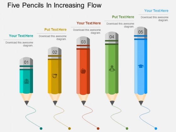 Five Pencils In Increasing Flow Powerpoint Template