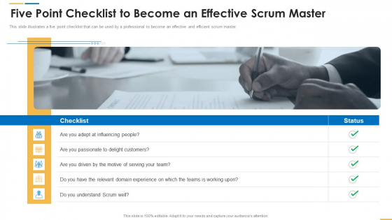 Five Point Checklist To Become An Effective Scrum Master Ppt Ideas Clipart PDF Five Point Checklist To Become An Effective Scrum Master Ppt Ideas Clipart PDF