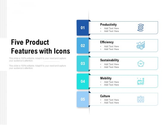 Five Product Features With Icons Ppt PowerPoint Presentation Infographic Template Graphics Tutorials Five Product Features With Icons Ppt PowerPoint Presentation Infographic Template Graphics Tutorials