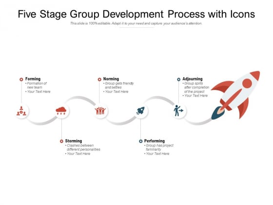 Five Stage Group Development Process With Icons Ppt PowerPoint Presentation Icon Background Designs