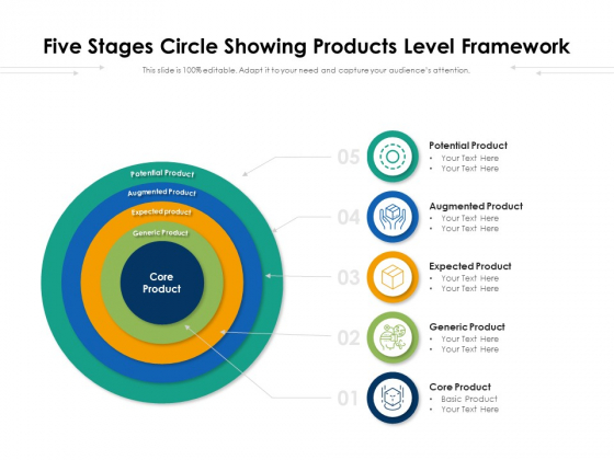 Five Stages Circle Showing Products Level Framework Ppt PowerPoint Presentation Gallery Layout Ideas PDF