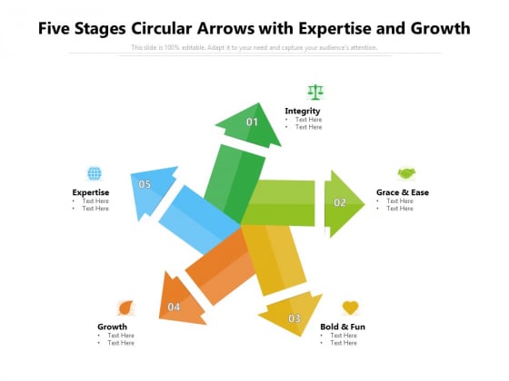 Five Stages Circular Arrows With Expertise And Growth Ppt PowerPoint Presentation Gallery Show PDF