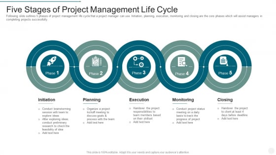 Five Stages Of Project Management Life Cycle Diagrams PDF