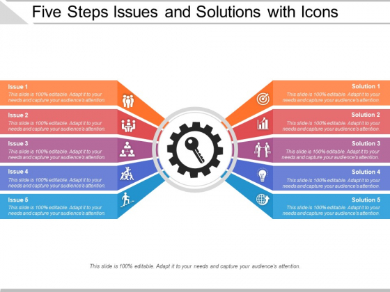 Five Steps Issues And Solutions With Icons Ppt PowerPoint Presentation Gallery Mockup PDF