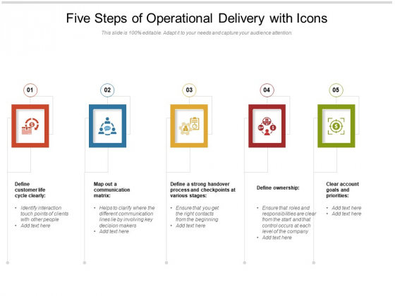 Five Steps Of Operational Delivery With Icons Ppt PowerPoint Presentation Gallery Ideas PDF Five Steps Of Operational Delivery With Icons Ppt PowerPoint Presentation Gallery Ideas PDF