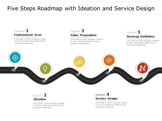 Five Steps Roadmap With Ideation And Service Design Ppt PowerPoint Presentation Layouts Infographics PDF Five Steps Roadmap With Ideation And Service Design Ppt PowerPoint Presentation Layouts Infographics PDF