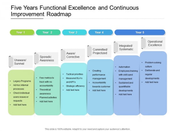Five Years Functional Excellence And Continuous Improvement Roadmap Diagrams