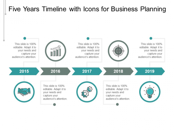 Five Years Timeline With Icons For Business Planning Ppt PowerPoint Presentation Inspiration Ideas