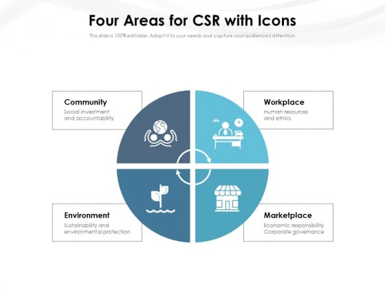 Four Areas For CSR With Icons Ppt PowerPoint Presentation Gallery Professional PDF Four Areas For CSR With Icons Ppt PowerPoint Presentation Gallery Professional PDF