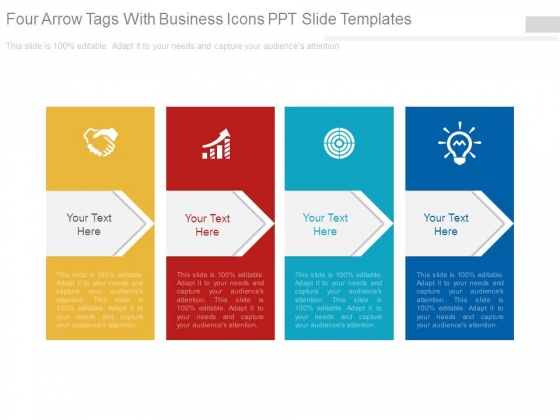 Four Arrow Tags With Business Icons Ppt Slide Templates