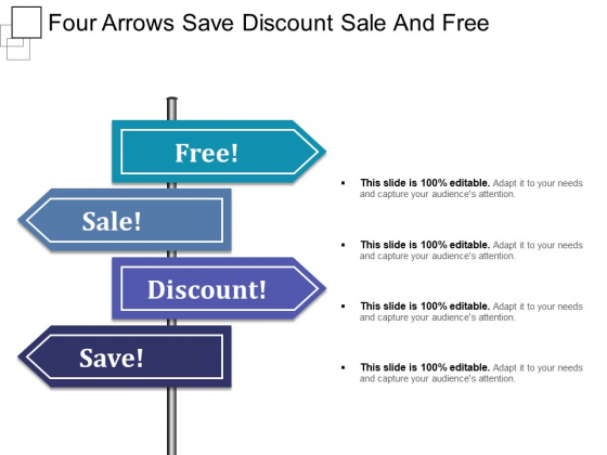 Four Arrows Save Discount Sale And Free Ppt PowerPoint Presentation Slides Download