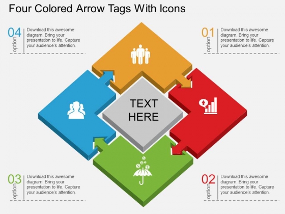 Four Colored Arrow Tags With Icons Powerpoint Template