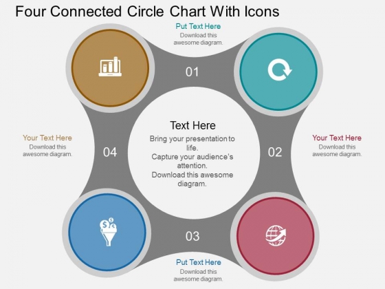 Four Connected Circle Chart With Icons Powerpoint Template