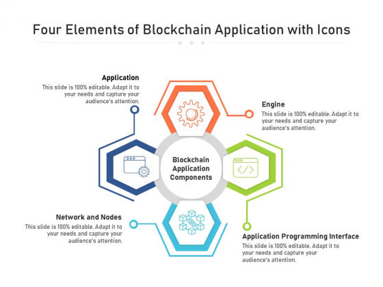 Four Elements Of Blockchain Application With Icons Ppt PowerPoint Presentation File Portfolio PDF