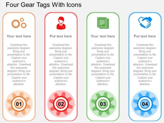 Four Gear Tags With Icons Powerpoint Templates