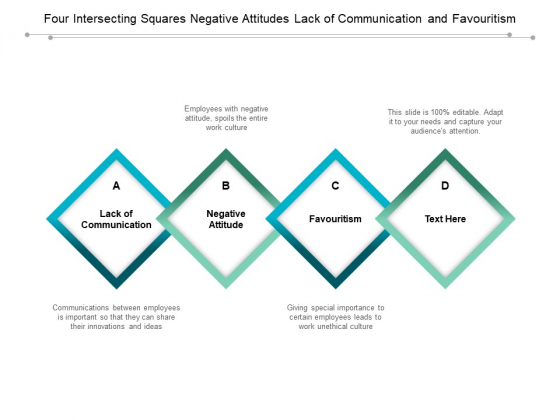 Four Intersecting Squares Negative Attitudes Lack Of Communication And Favouritism Ppt PowerPoint Presentation Summary Deck Four Intersecting Squares Negative Attitudes Lack Of Communication And Favouritism Ppt PowerPoint Presentation Summary Deck