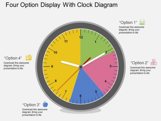 Four Option Display With Clock Diagram Powerpoint Template Four Option Display With Clock Diagram Powerpoint Template